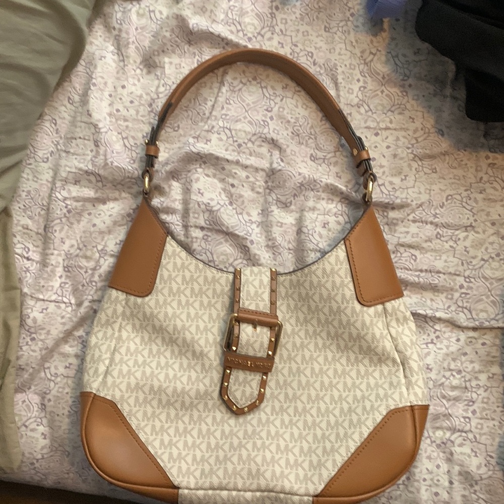 Cream and Brown Michael Kors Hobo Style Bag